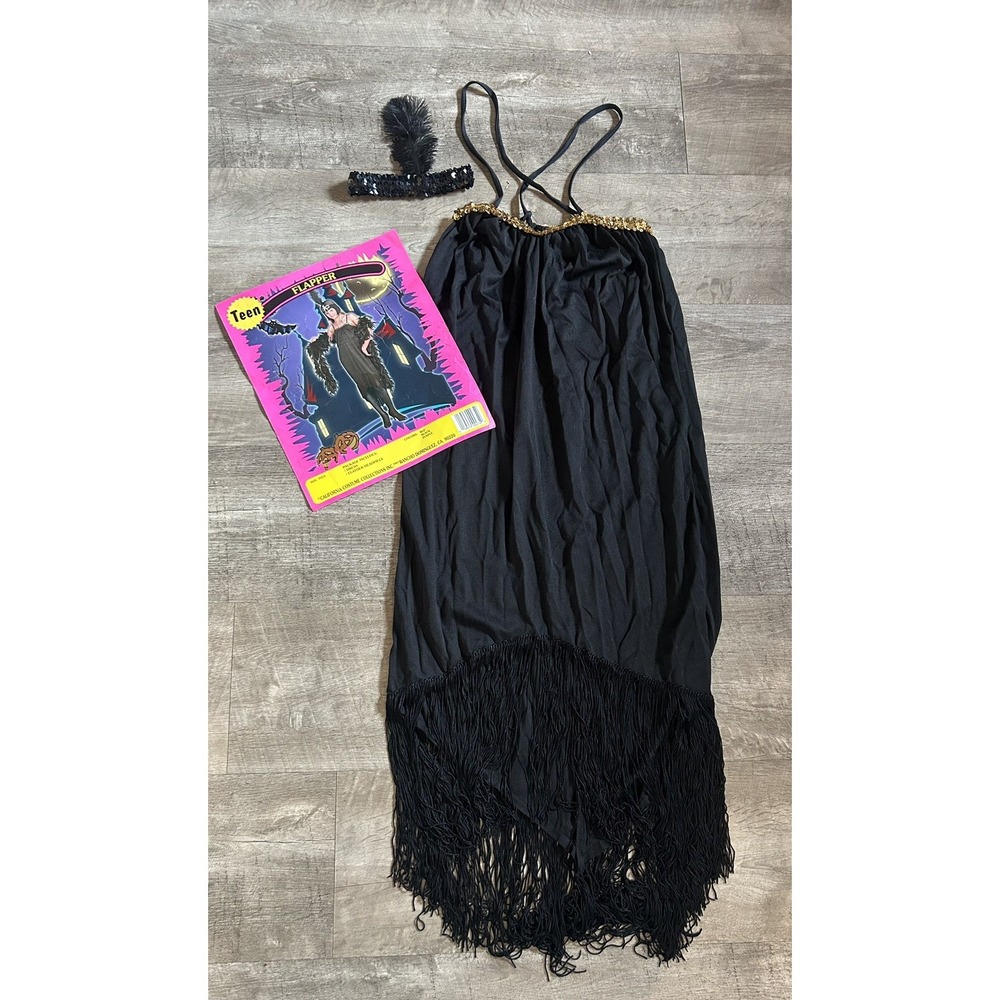 Fringed Flapper Dress‎ Roaring 20's Black Gold Sequin Headband Halloween Teen